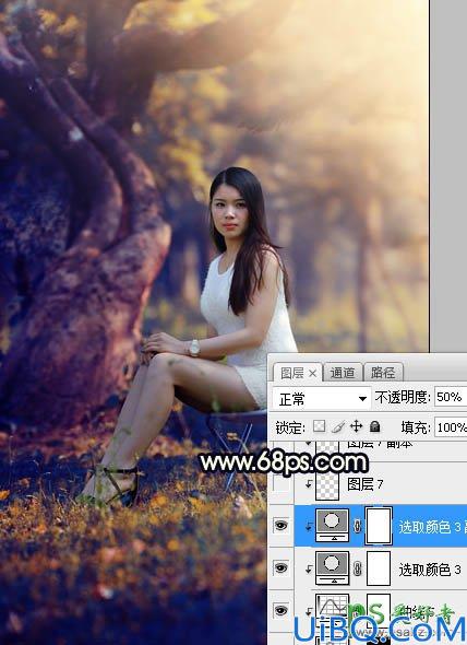 Photoshop美女图片调色教程：给树林中的性感伊人写真照调出唯美的黄色