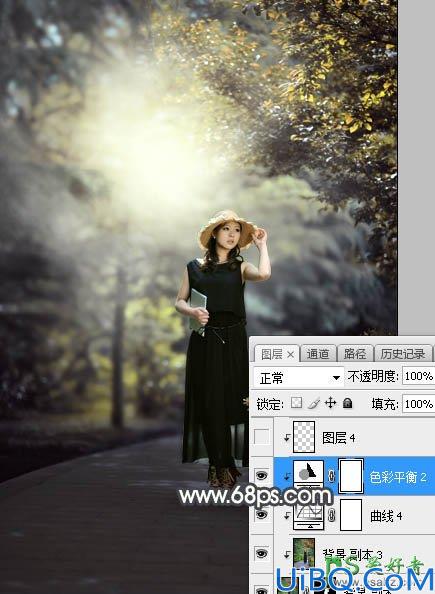 Photoshop美女图片调色教程：给公园中的黑丝长裙丰韵美女调出梦幻的黄褐