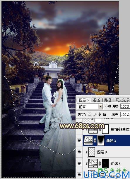 Photoshop调色教程:给古建筑风景图片中拍摄的情侣婚纱照调出唯美的黄色