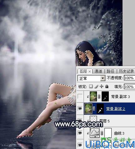 Photoshop给春天里的清纯少女玉腿美脚写真照调出梦幻的暗蓝色