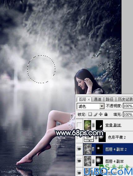 Photoshop给春天里的清纯少女玉腿美脚写真照调出梦幻的暗蓝色