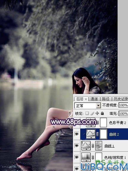 Photoshop美女调色教程：给水边自拍的长腿女生艺术照调出唯美的中性冷色