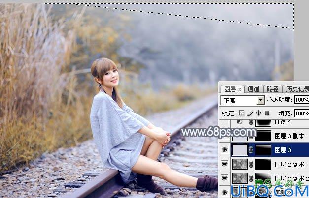 Photoshop调色教程：学习给外景铁路上自拍的美女艺术照调出秋季淡冷色