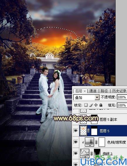 Photoshop调色教程:给古建筑风景图片中拍摄的情侣婚纱照调出唯美的黄色