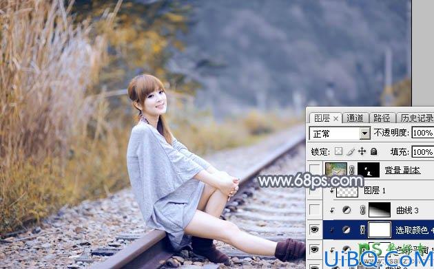 Photoshop调色教程：学习给外景铁路上自拍的美女艺术照调出秋季淡冷色