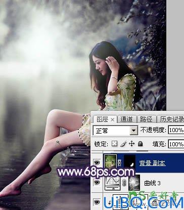 Photoshop美女调色教程：给水边自拍的长腿女生艺术照调出唯美的中性冷色