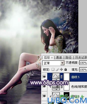 Photoshop美女调色教程：给水边自拍的长腿女生艺术照调出唯美的中性冷色