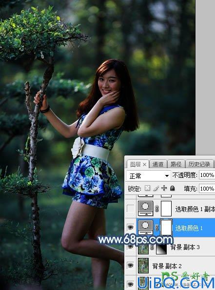 Photoshop调色教程：给树林中的性感美女老师写真照调出唯美的夏季青蓝色