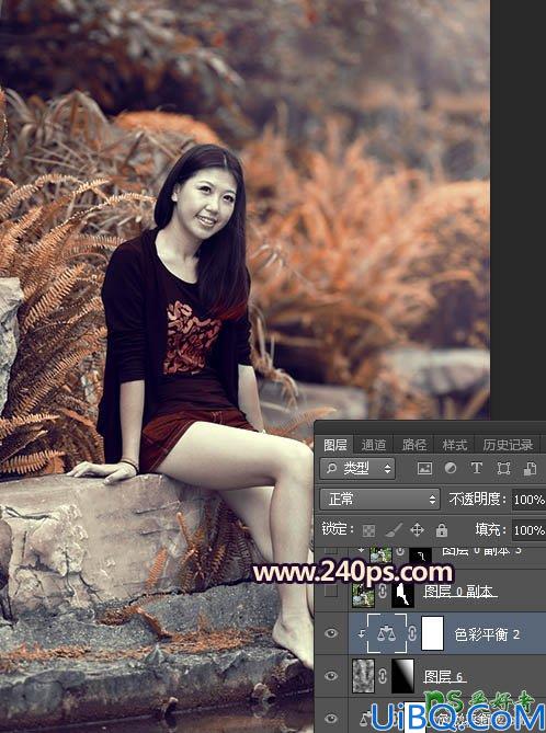 Photoshop给公园水池边洗脚的美女写真照调出甜美的橙红色