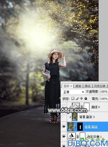 Photoshop美女图片调色教程：给公园中的黑丝长裙丰韵美女调出梦幻的黄褐