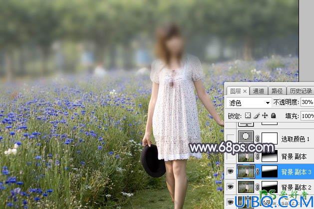 Photoshop给公园中自拍的性感长裙未成年少女图片调出梦幻的淡冷