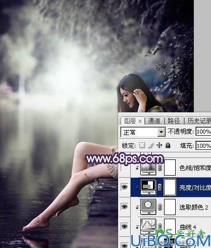 Photoshop美女调色教程：给水边自拍的长腿女生艺术照调出唯美的中性冷色