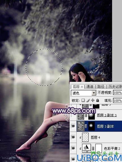 Photoshop美女调色教程：给水边自拍的长腿女生艺术照调出唯美的中性冷色