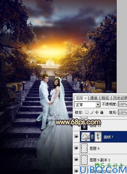 Photoshop调色教程:给古建筑风景图片中拍摄的情侣婚纱照调出唯美的黄色