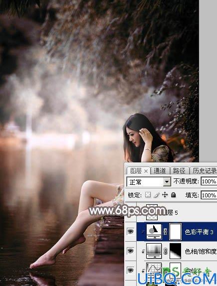 Photoshop美女图片调色实例：给公园水边自拍的美女照片调出唯美的红褐色