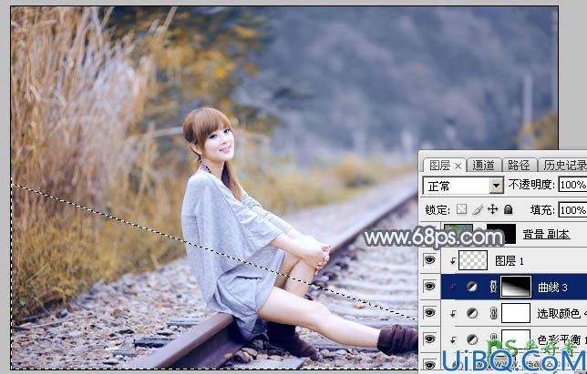 Photoshop调色教程：学习给外景铁路上自拍的美女艺术照调出秋季淡冷色