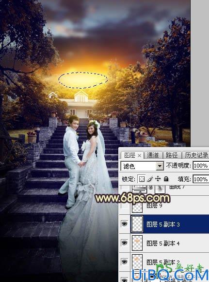 Photoshop调色教程:给古建筑风景图片中拍摄的情侣婚纱照调出唯美的黄色