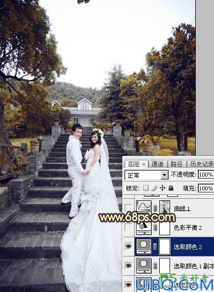 Photoshop调色教程:给古建筑风景图片中拍摄的情侣婚纱照调出唯美的黄色