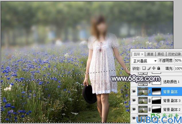 Photoshop给公园中自拍的性感长裙未成年少女图片调出梦幻的淡冷