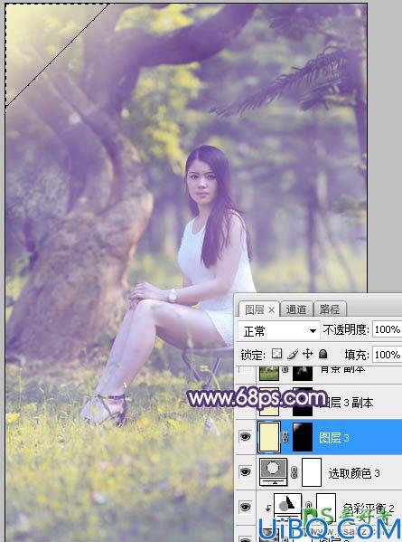 Photoshop给外景长腿美女个人艺术照摄影图片调出小清新蓝黄色