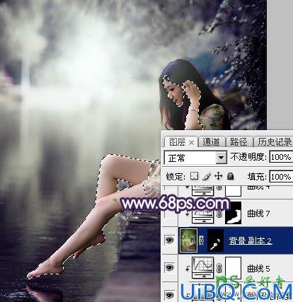 Photoshop美女调色教程：给水边自拍的长腿女生艺术照调出唯美的中性冷色