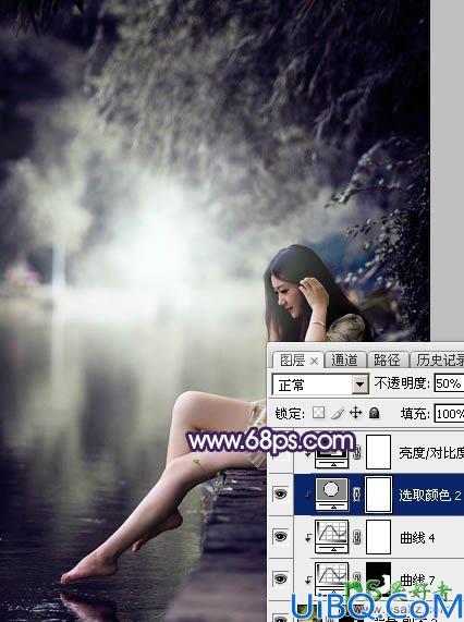 Photoshop美女调色教程：给水边自拍的长腿女生艺术照调出唯美的中性冷色