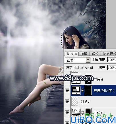 Photoshop给春天里的清纯少女玉腿美脚写真照调出梦幻的暗蓝色