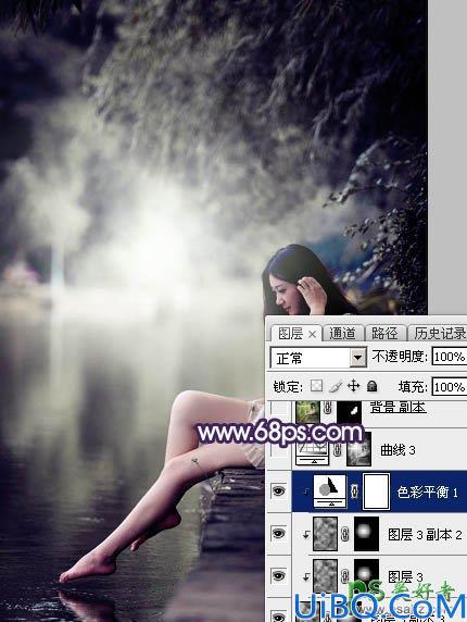 Photoshop美女调色教程：给水边自拍的长腿女生艺术照调出唯美的中性冷色