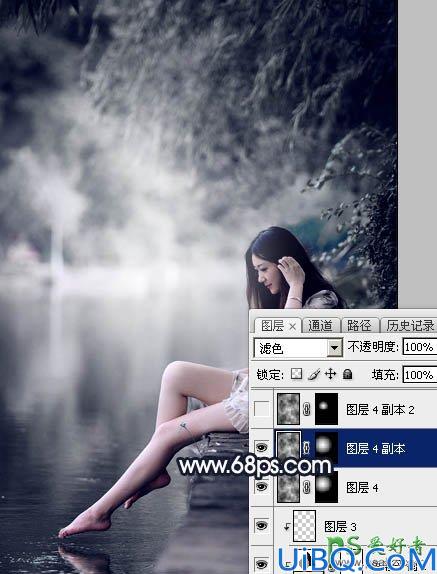 Photoshop给春天里的清纯少女玉腿美脚写真照调出梦幻的暗蓝色