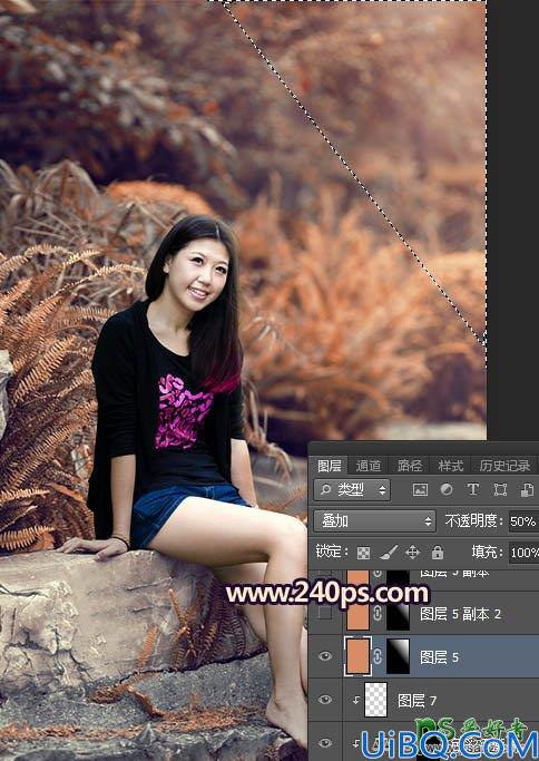 Photoshop给公园水池边洗脚的美女写真照调出甜美的橙红色