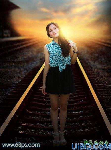 PhotoShop给铁轨中间自拍的长发美女模特图片调出唯美的黄色效果