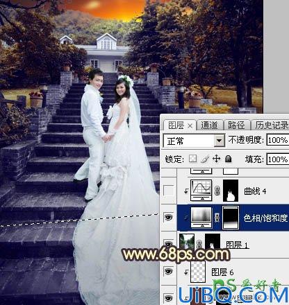 Photoshop调色教程:给古建筑风景图片中拍摄的情侣婚纱照调出唯美的黄色