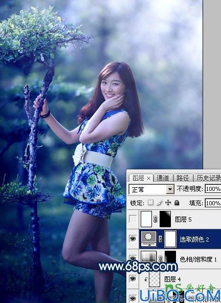 Photoshop美女图片调色：给小树林中的修长美腿美女生活照调出梦幻的蓝色