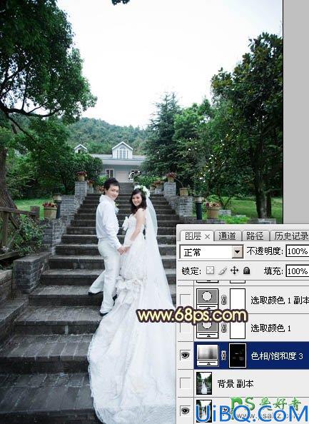 Photoshop调色教程:给古建筑风景图片中拍摄的情侣婚纱照调出唯美的黄色