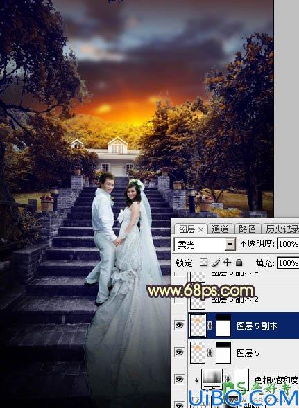 Photoshop调色教程:给古建筑风景图片中拍摄的情侣婚纱照调出唯美的黄色