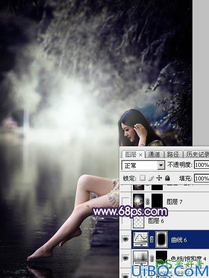 Photoshop美女调色教程：给水边自拍的长腿女生艺术照调出唯美的中性冷色