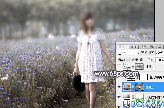 Photoshop给公园中自拍的性感长裙未成年少女图片调出梦幻的淡冷