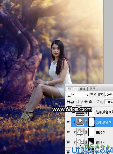 Photoshop美女图片调色教程：给树林中的性感伊人写真照调出唯美的黄色