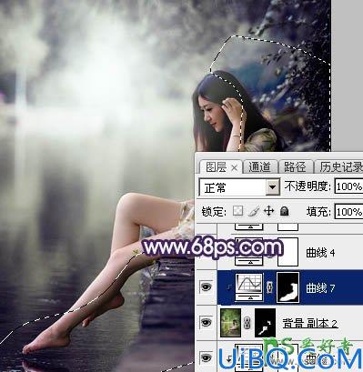 Photoshop美女调色教程：给水边自拍的长腿女生艺术照调出唯美的中性冷色