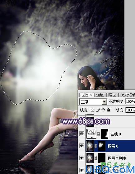 Photoshop美女调色教程：给水边自拍的长腿女生艺术照调出唯美的中性冷色