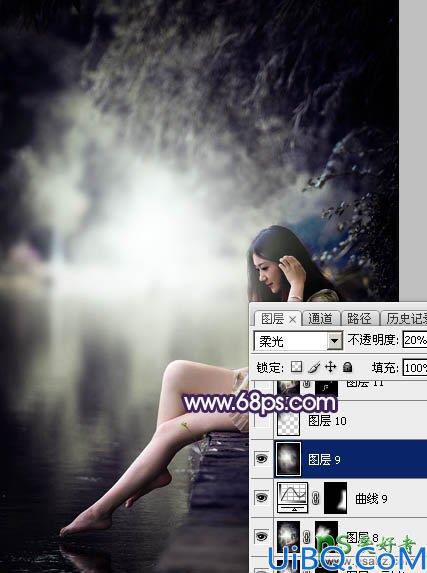 Photoshop美女调色教程：给水边自拍的长腿女生艺术照调出唯美的中性冷色