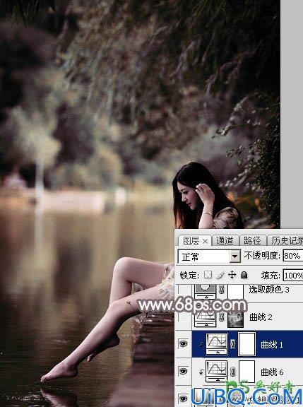 Photoshop美女图片调色实例：给公园水边自拍的美女照片调出唯美的红褐色