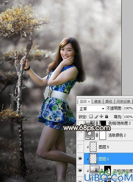 Photoshop给小树林中自拍的女生美腿照片调出中性暗红色调