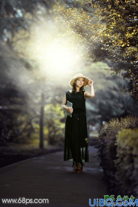 Photoshop美女图片调色教程：给公园中的黑丝长裙丰韵美女调出梦幻的黄褐