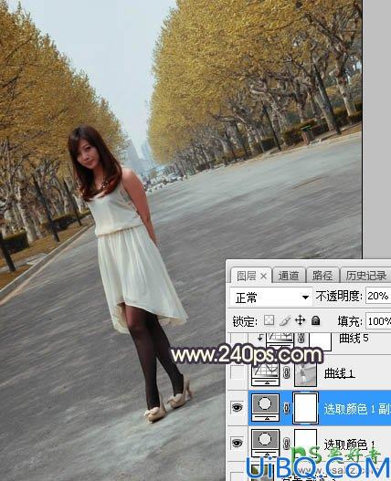 Photoshop给街头自拍的性感黑丝妹艺术写真照片调出暗黄色逆光效果