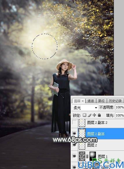 Photoshop美女图片调色教程：给公园中的黑丝长裙丰韵美女调出梦幻的黄褐