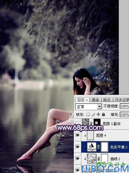 Photoshop美女调色教程：给水边自拍的长腿女生艺术照调出唯美的中性冷色