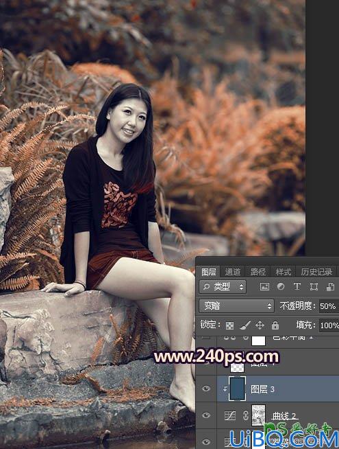 Photoshop给公园水池边洗脚的美女写真照调出甜美的橙红色