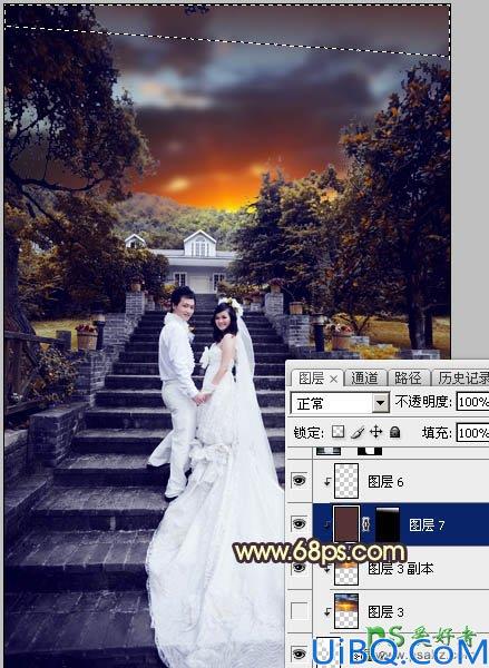 Photoshop调色教程:给古建筑风景图片中拍摄的情侣婚纱照调出唯美的黄色