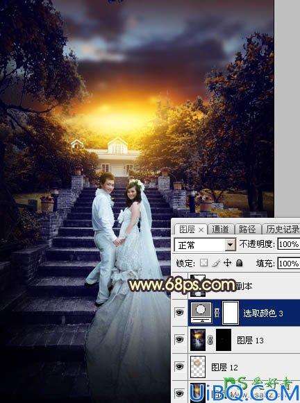 Photoshop调色教程:给古建筑风景图片中拍摄的情侣婚纱照调出唯美的黄色